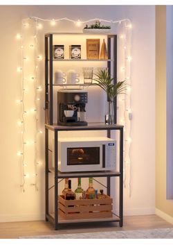 , 23.6 Inches Baker's Rack for Kitchen with Storage, 6-Tier Kitchen Shelves with 6 Hooks, Microwave Stand, Industrial, Rustic Brown and Ink Black UKKS