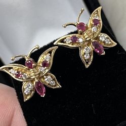 14kt Yellow Gold Ruby And Diamond Butterfly Earrings