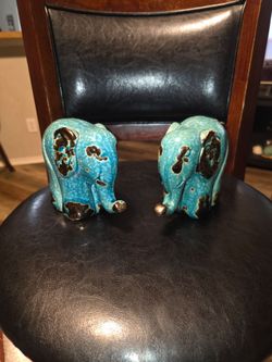 Pair of Turquoise Ceramic Elephant Figurines