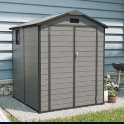 6x6 FT Plastic Outdoor Storage Shed - Lockable Resin Tool Shed with Window & Floor, Dark Gray