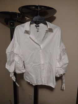 White Ruffle Tiered Sleeve Button-Down Blouse