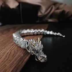 Retro Style Stainless Steel And Sterling Silver Dragon Bracelet