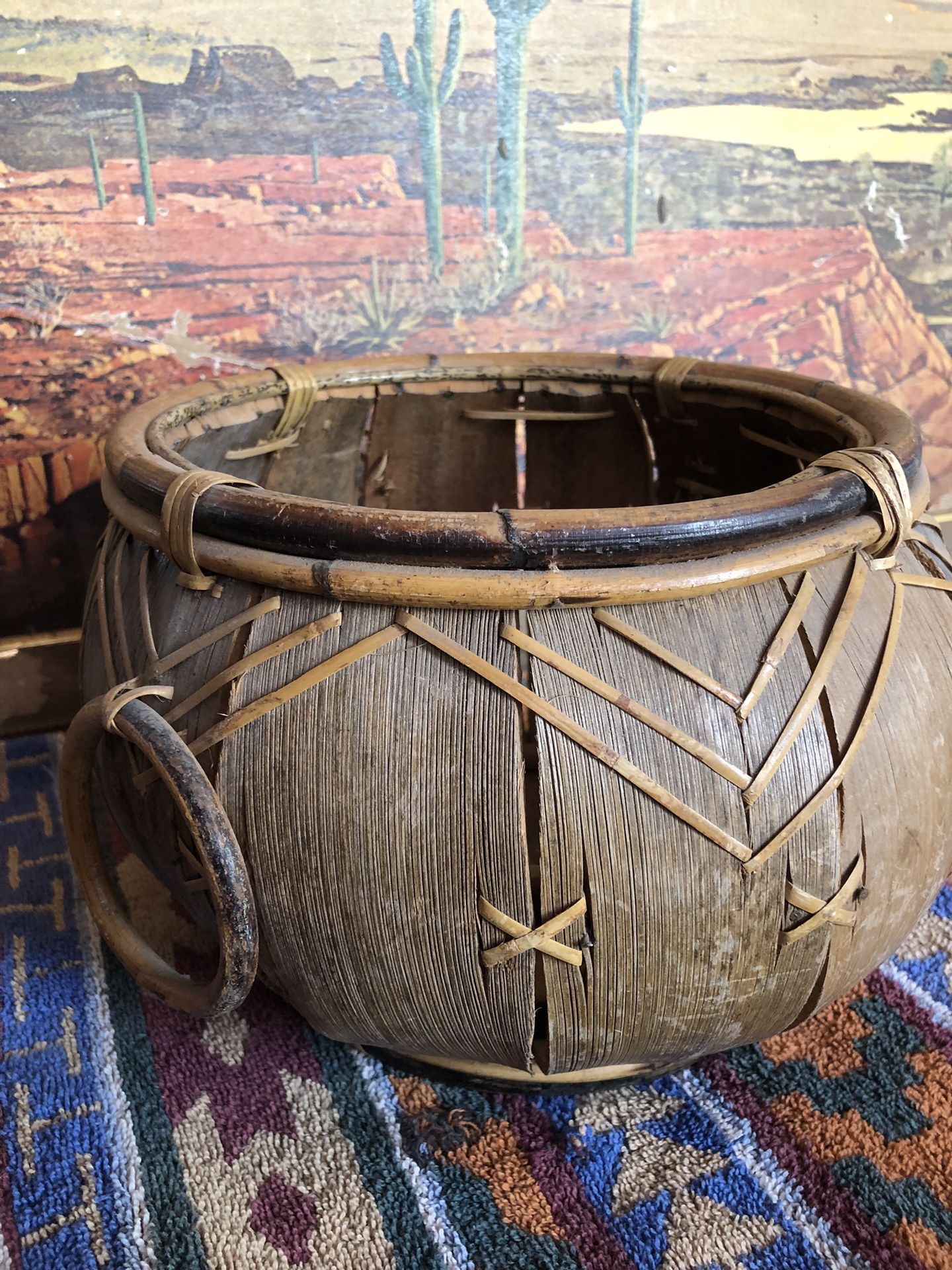 Gorgeous Handmade Vintage Basket Bamboo Rattan Hand Woven Wooden Husk Bohemian 70s Home Decor Plant Hanger Holder Southwestern Tribal Primitive
