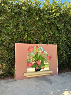 Vintage Jon Gilmore Wall Art, 80's 90s Art Deco Mirror Vase with Flowers Shadow Box, Pink Gold and White