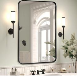 Wall Mount Mirror for Bathroom, Brush Black Metal Framed Rounded Corner Rectangular Vanity Mirror (20" x 30", Black