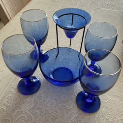 Cobalt Blue 6 Pc Lot — 4 Water Goblets, 1 Bowl, 1 Candle Stand