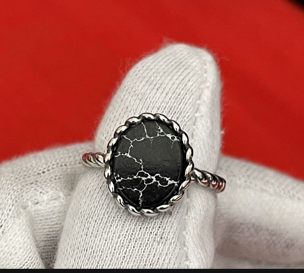 925 Sterling Silver Buffalo Black Turquoise Oval Vintage Solitaire Ring Size 5,6,7,8