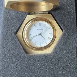 Chelsea Mini Quartz gold color brass desk clock w original box w paper