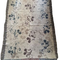 Vintage Disney Parks Mickey Mouse Icon Woven Throw Blanket With Fringe Reversible 