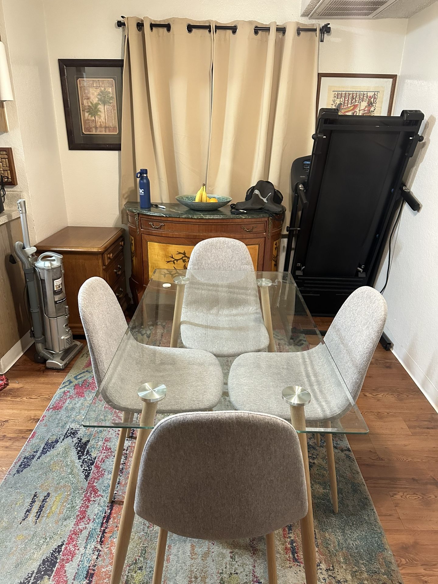 A contemporary glass dining table