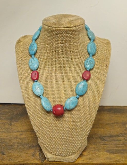 Turquoise And Coral Starting Silver Necklace