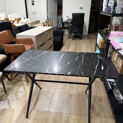 L47” x D27.5”x H30”Modern Wood Irregular Rectangle Dining Table and Office desk,Metal Legs，Black and white marble