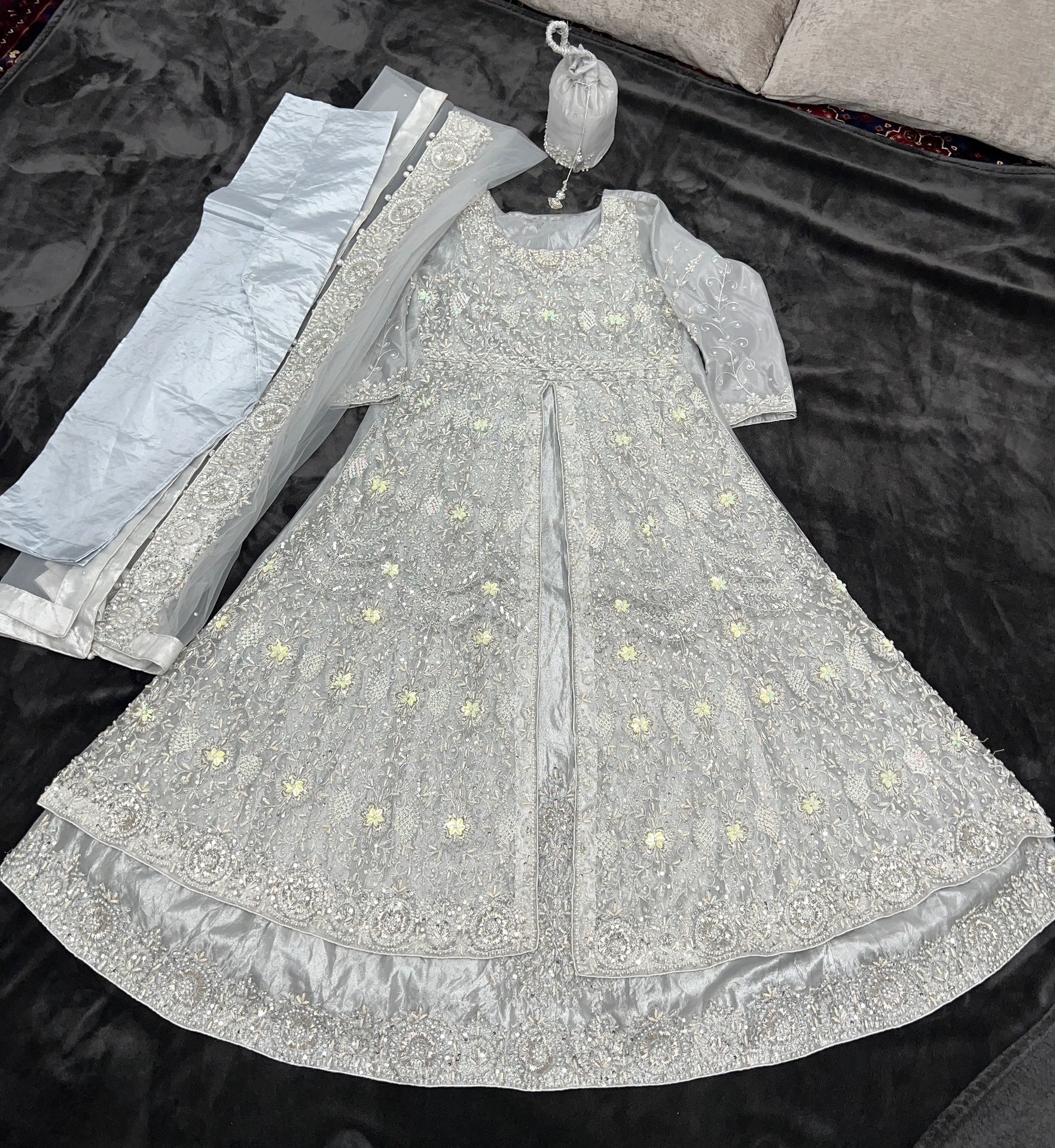 Embroidered Maxi Dress, Pant, Duppata & Pouch