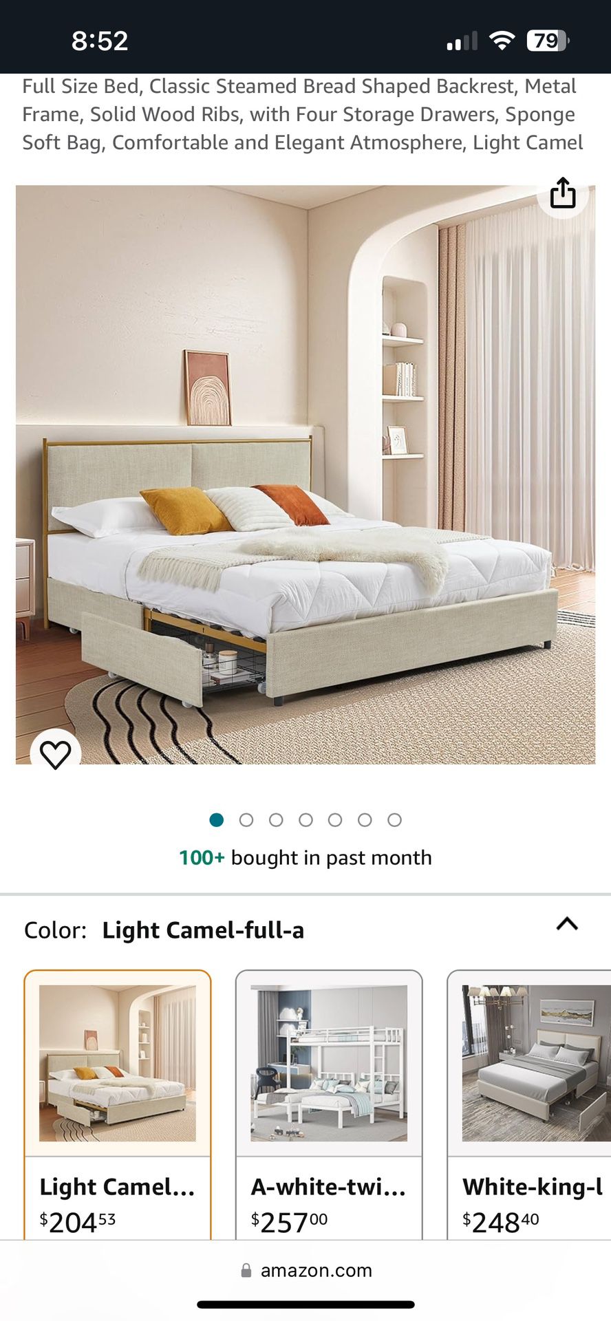 Full Size Bed, Classic Steamed Bread Shaped Backrest, Metal Frame, Solid Wood Ribs, with Four Storage Drawers, Sponge Soft Bag, Comfortable and Elegan