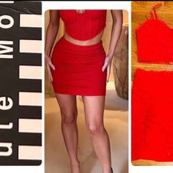 Haute Monde NWT SEXY Swiss dot RED rushed meshed Two pieces Sets Top and Skirt L