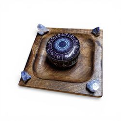 Celestial Zodiac Candle Wooden Altar Tray with Sodalite and Blue Calcite