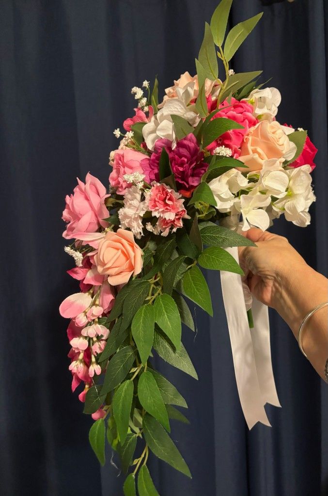 New Bride Cascading Bouquet, Pink Silk Florals, 14" X 19" Long