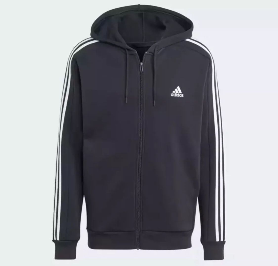 adidas Essentials Fleece 3-Stripes Full Zip Men's Hoodie - Black, L