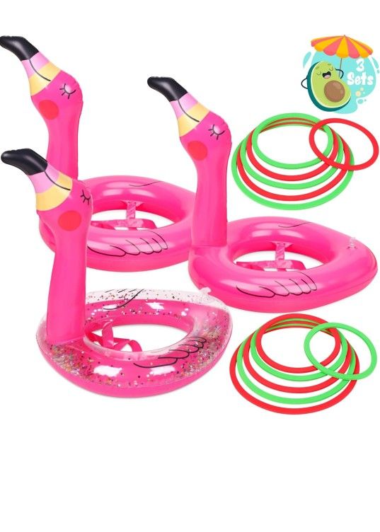 3 PCS Flamingo Inflatable Ring Toss Game - Pool Party Toys Supplies Luau Decorations
