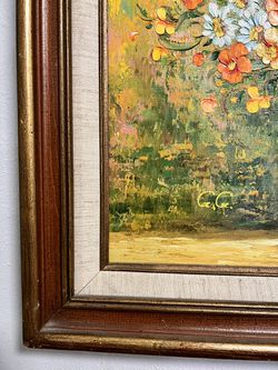Large Vintage Floral Acrylic Painting. Framed Canvas Painting. Warm Colors MCM Mid Century Decor Thumbnail