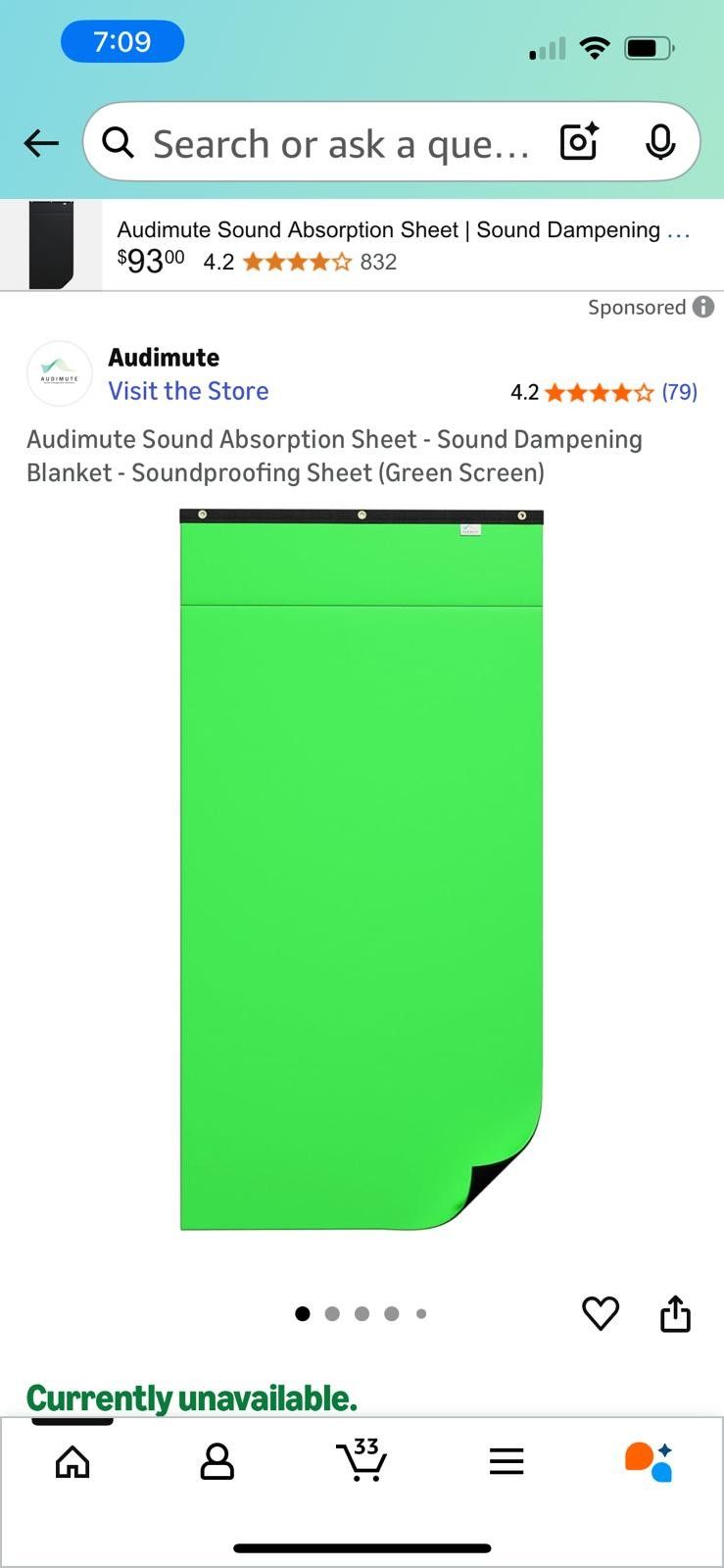 TWO (2) Audimute Sound Absorption Sheet - Sound Dampening Blanket - Soundproofing Sheet (Green Screen)