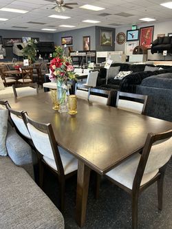 Dining Table Set with 8 Upholstered Chairs