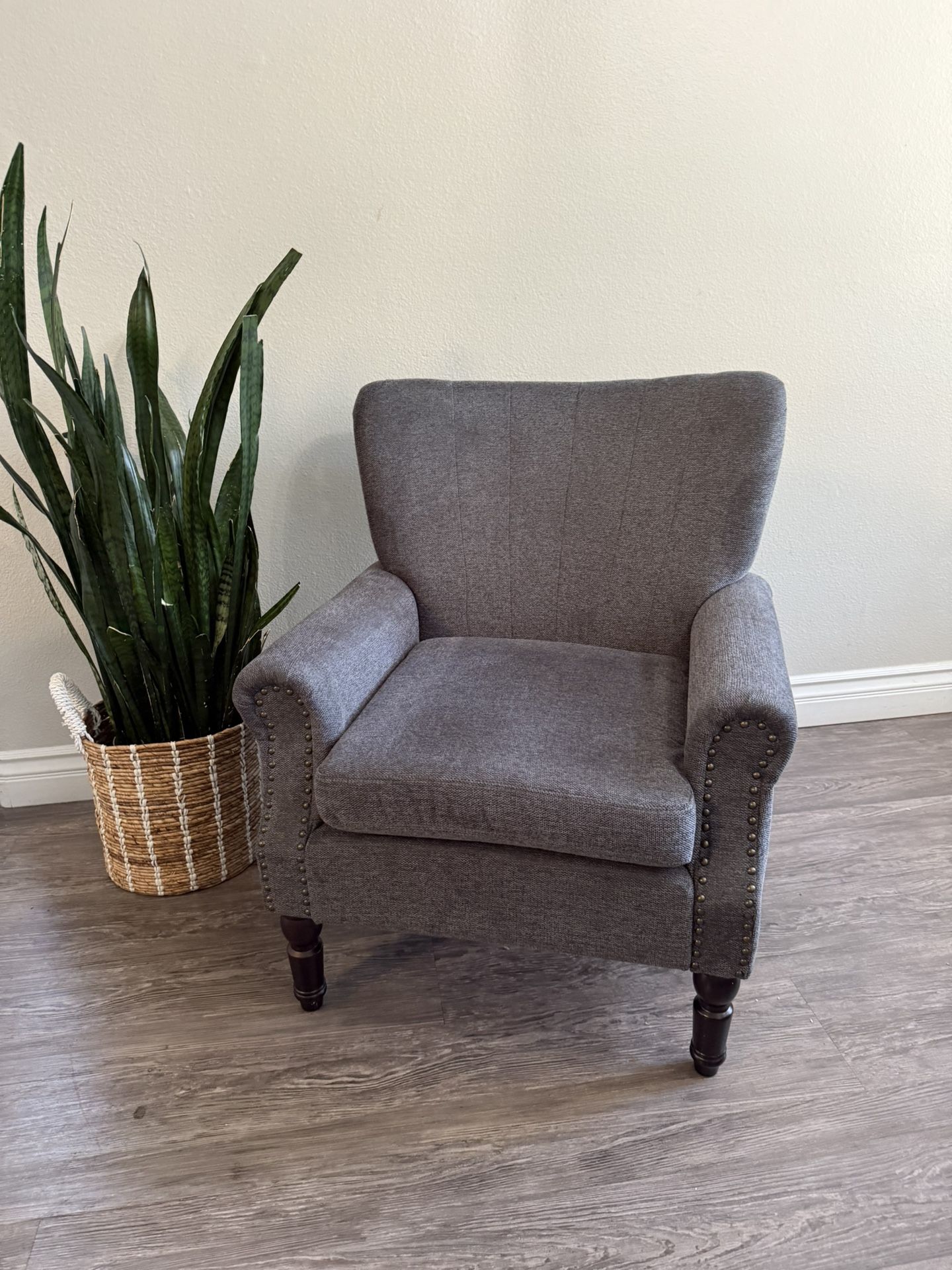 Anaya Mid Century Gray Fabric Upholstered Wingback Accent Chair Rolled Arm Nailhead Living Room Chair