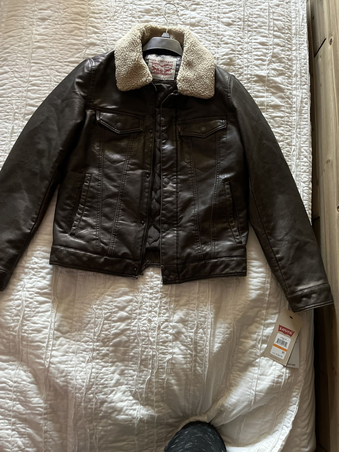 Levi Strauss Mens Faux Leather Coat Sherpa Lined Bomber Jacket Distressed Size S