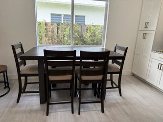 Dark Wood Counter Height Dining Table Set with 4 Chairs & Bench