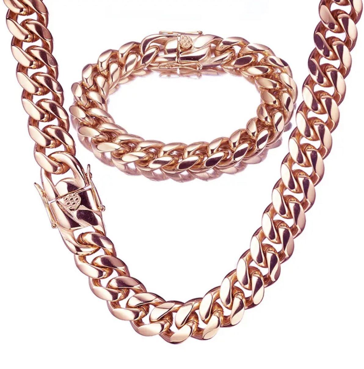 New 18k Rose Gold Cuban Link Chain And Bracelet 
