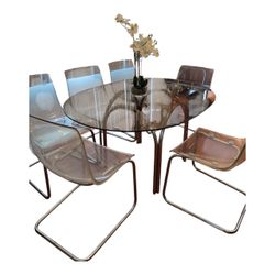 Dining Room Table Vintage ‘70’s MCM Swanky Smoked Glass with Tubular Chrome Base RARE!
