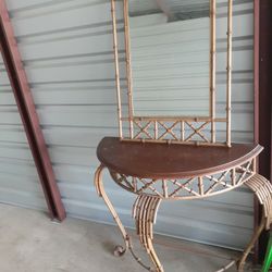 2 Piece Matching Metal Bamboo Look  half Round   Table And  Beveled Edge Wall Mirror