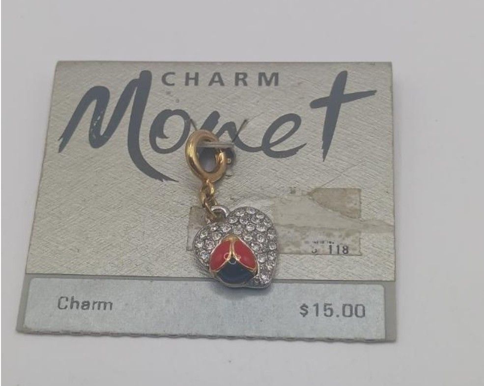 Vintage Monet Goldtone Rhinestone Heart and Ladybug Charm