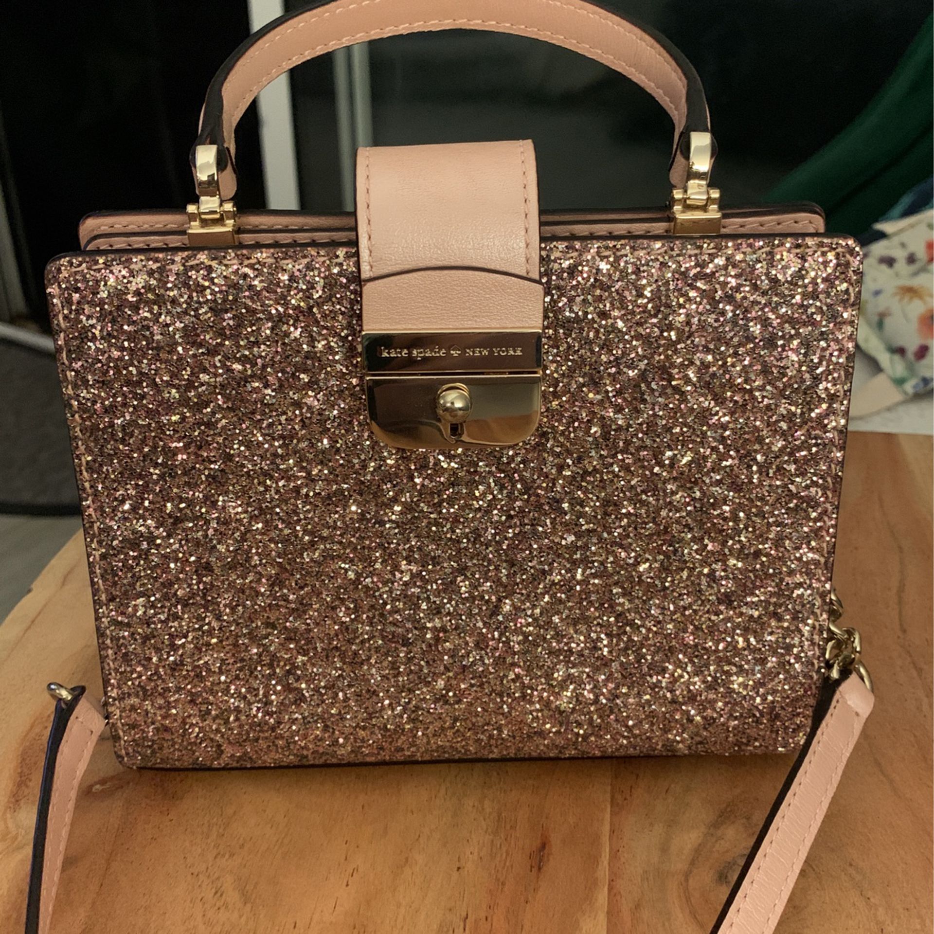 Kate Spade Sunset Lane Brynlee Crossbody Bag Purse Glitter Rosegold Sparkle