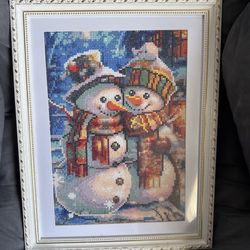 Framed diamond painting of Snowman