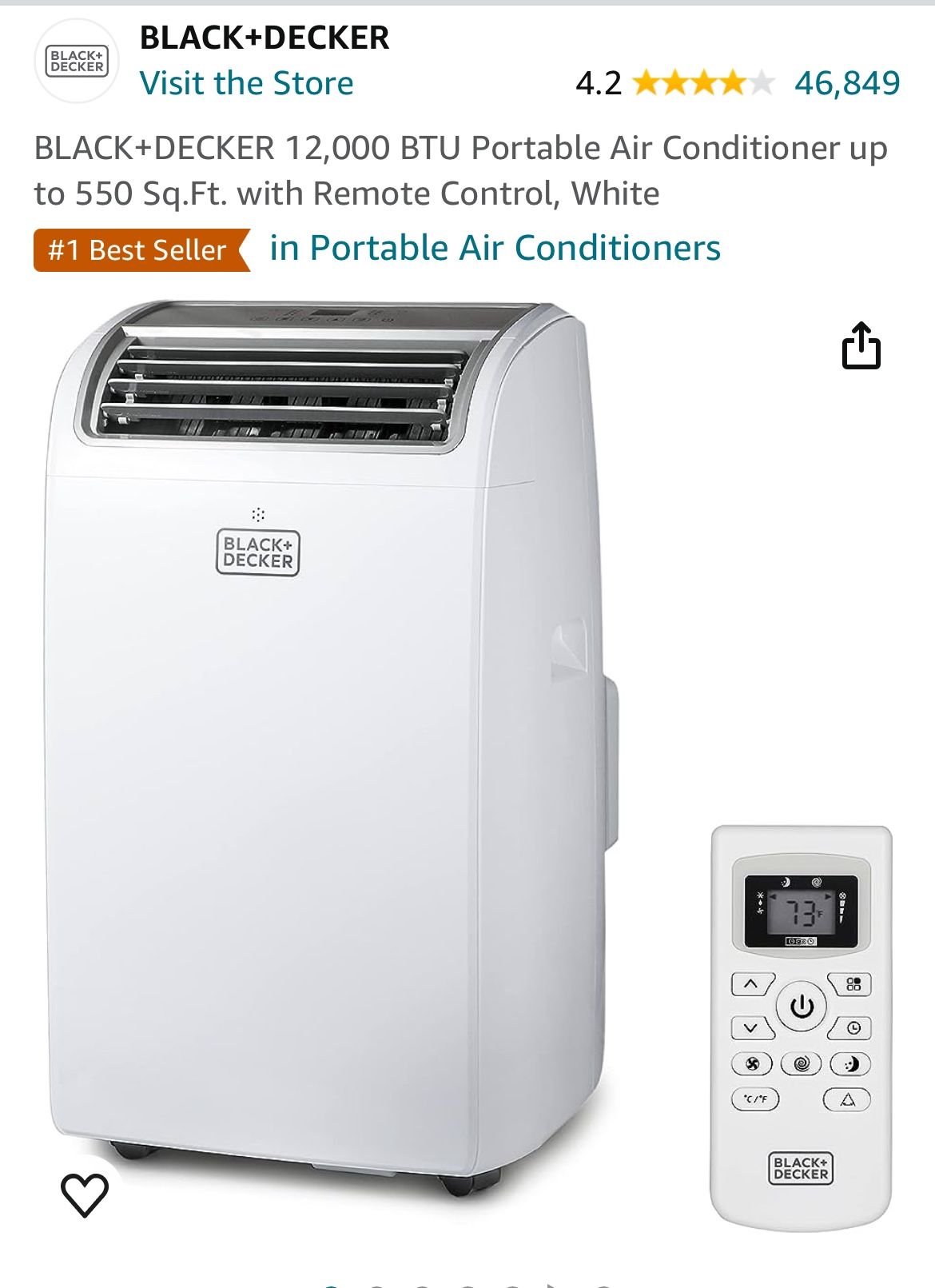 BLACK+DECKER 12,000 BTU Portable Air Conditioner up to 550 Sq.Ft. with Remote Control, White