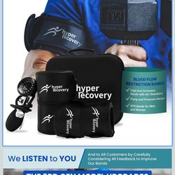 BFR Blood Flow Restriction Bands by Hyper Recovery - High End Occlusion Bands with Air Chambers, Pump, and Pressure Gauge (Arm and Leg Bands w/Pump)