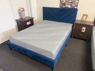 Blue Velvet Upholstered Platform Bed Frame