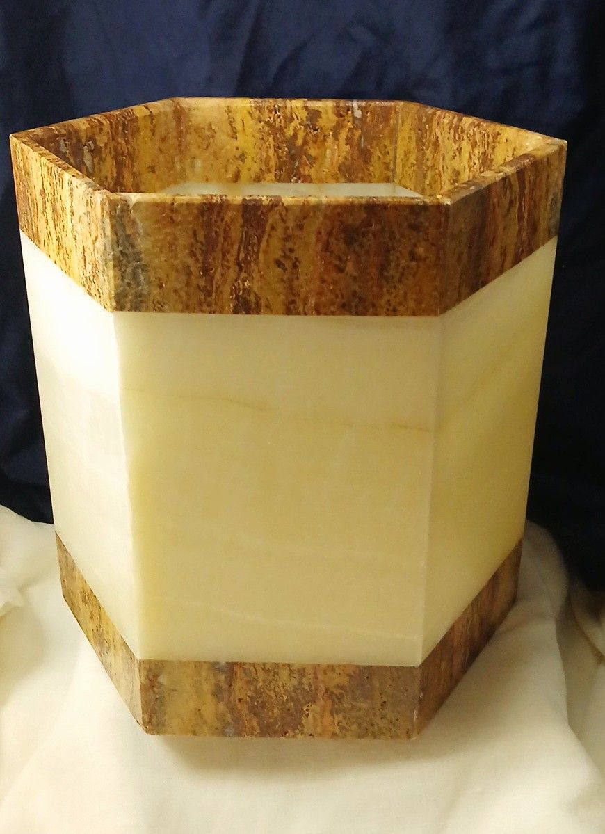 White Onyx and Travertine Waste Basket