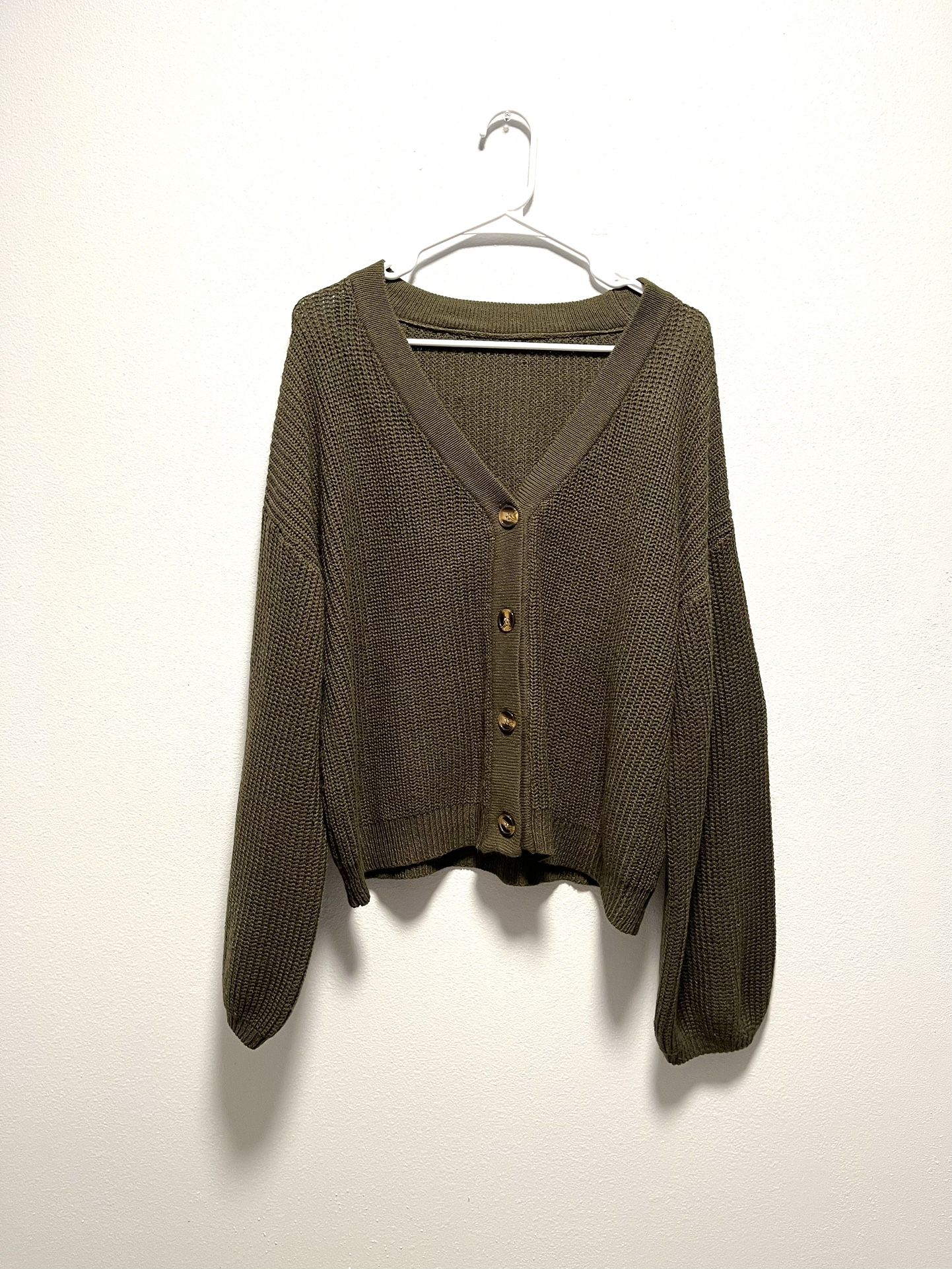 V-Neck Button Front Loose Knit Army Green Cardigan