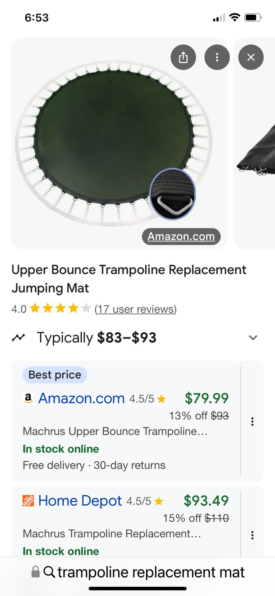 Trampoline Replacement Round Mat. Measures 10.6