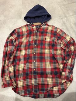 Polo Ralph Lauren XL Hooded Flannel Shirt Men’s Plaid Button Up Hoodie Red Blue