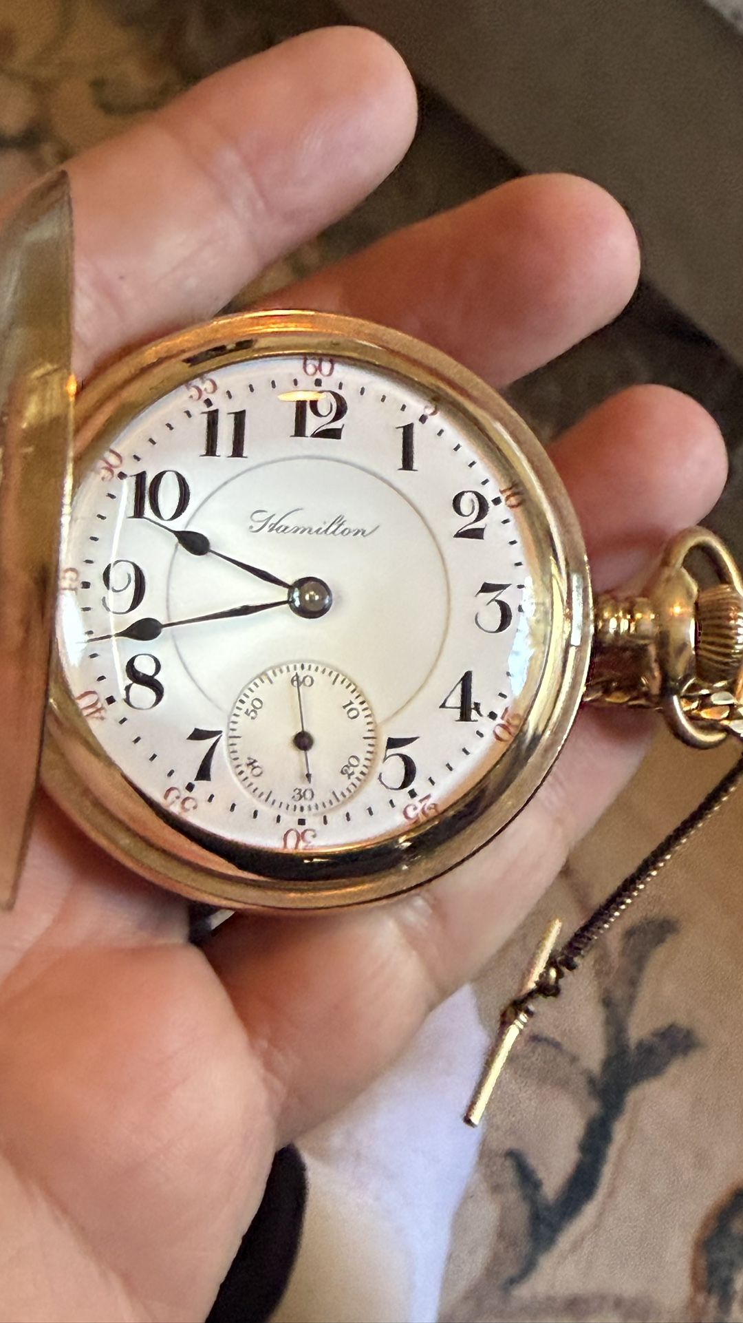Vintage Real Gold Covered Hamilton Pocket Watch Wit 14k Gold Filled Chain