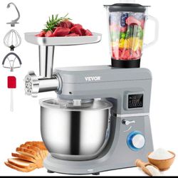 VEVOR 5 IN 1 Stand Mixer, 660W Tilt Head Multifunctional Electric Mixer With 6 Speeds LCD Screen Timing, 7.4 Qt Stainless Bowl, Dough Hook, Flat Beate
