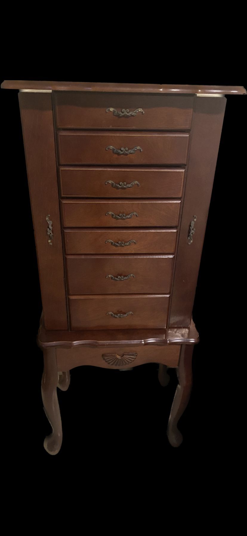 Wooden Standing Jewelry Armoire with Drawers, Lid, and Necklace Hooks - Jewelry Armoire Stands on the Floor - Dark Stained Wood 