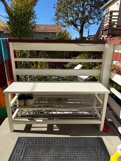 White Wood Entryway Bench with Shoe Rack
