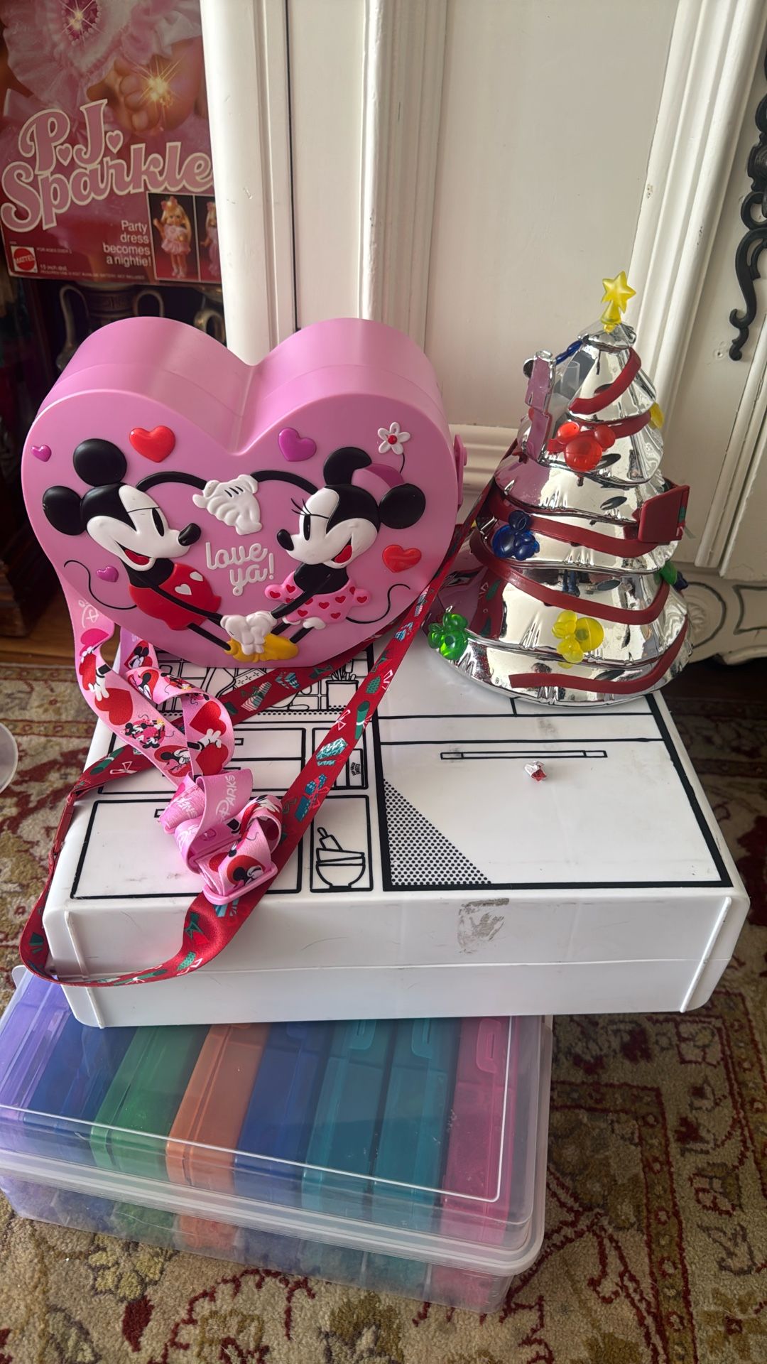 Set of Two Minnie and Mickey Heart-Shaped Light-Up Popcorn Buckets (2025) | Disney Parks: Silver Christmas Tree-Shaped Tumbler with Straw — With Light