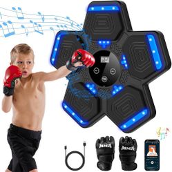 Music Boxing Machine, Wall Mounted Bluetooth Punching Pad with Gloves Height Adjustable Easy Setup with 5 Levels for Adults and Kids, Bluetooth Music 