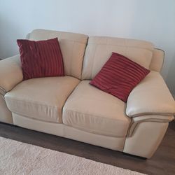 Beige Leather Loveseat 