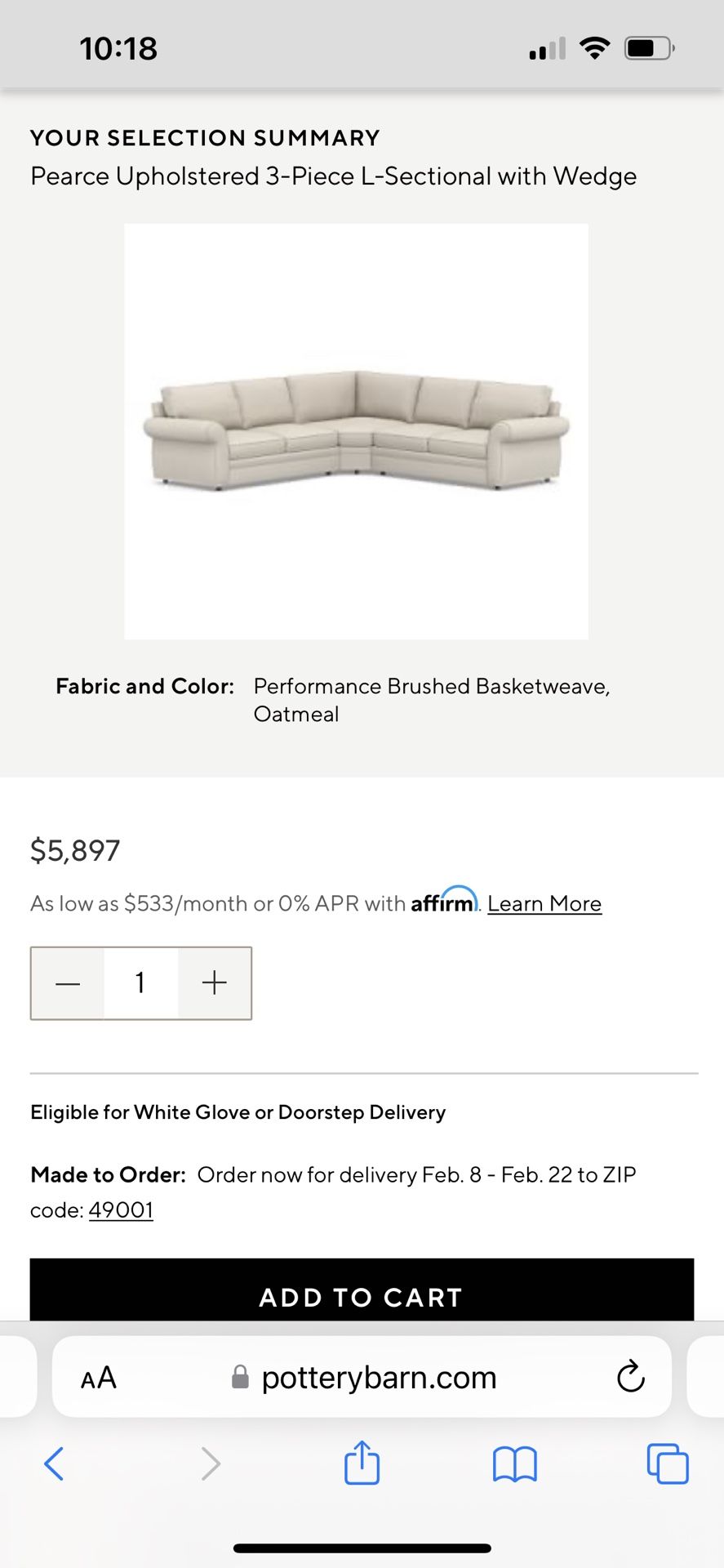 Pottery Barn Pearce Upholstered 3 Piece L Sectional With Wedge